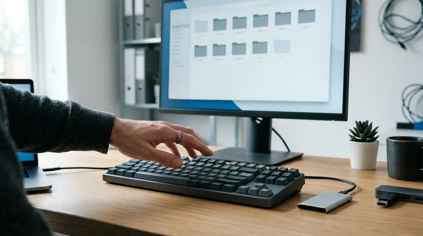 Mano esitante sulla tastiera dopo aver cancellato file dal computer, con pen drive e disco esterno sulla scrivania