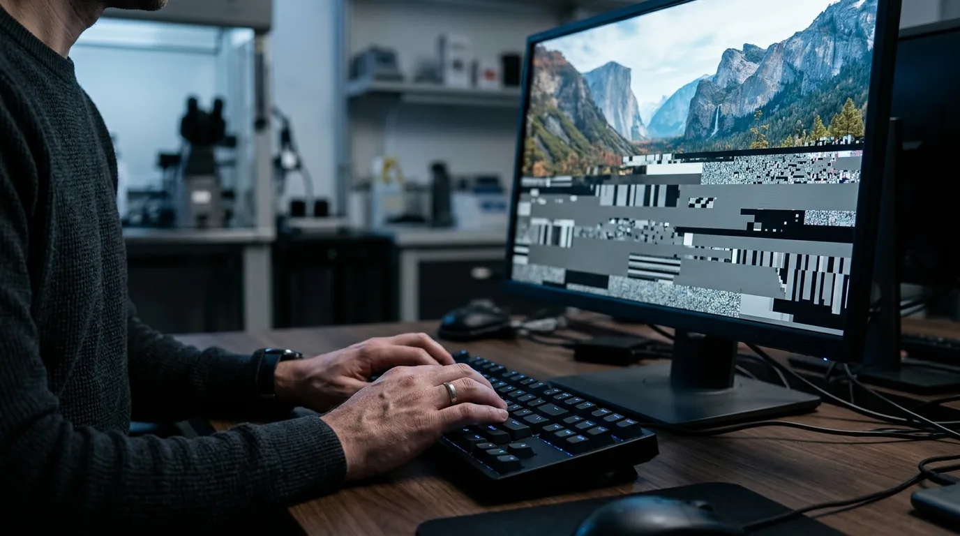 Schermo di computer che mostra una foto parzialmente danneggiata con blocchi grigi, esempio di file corrotto