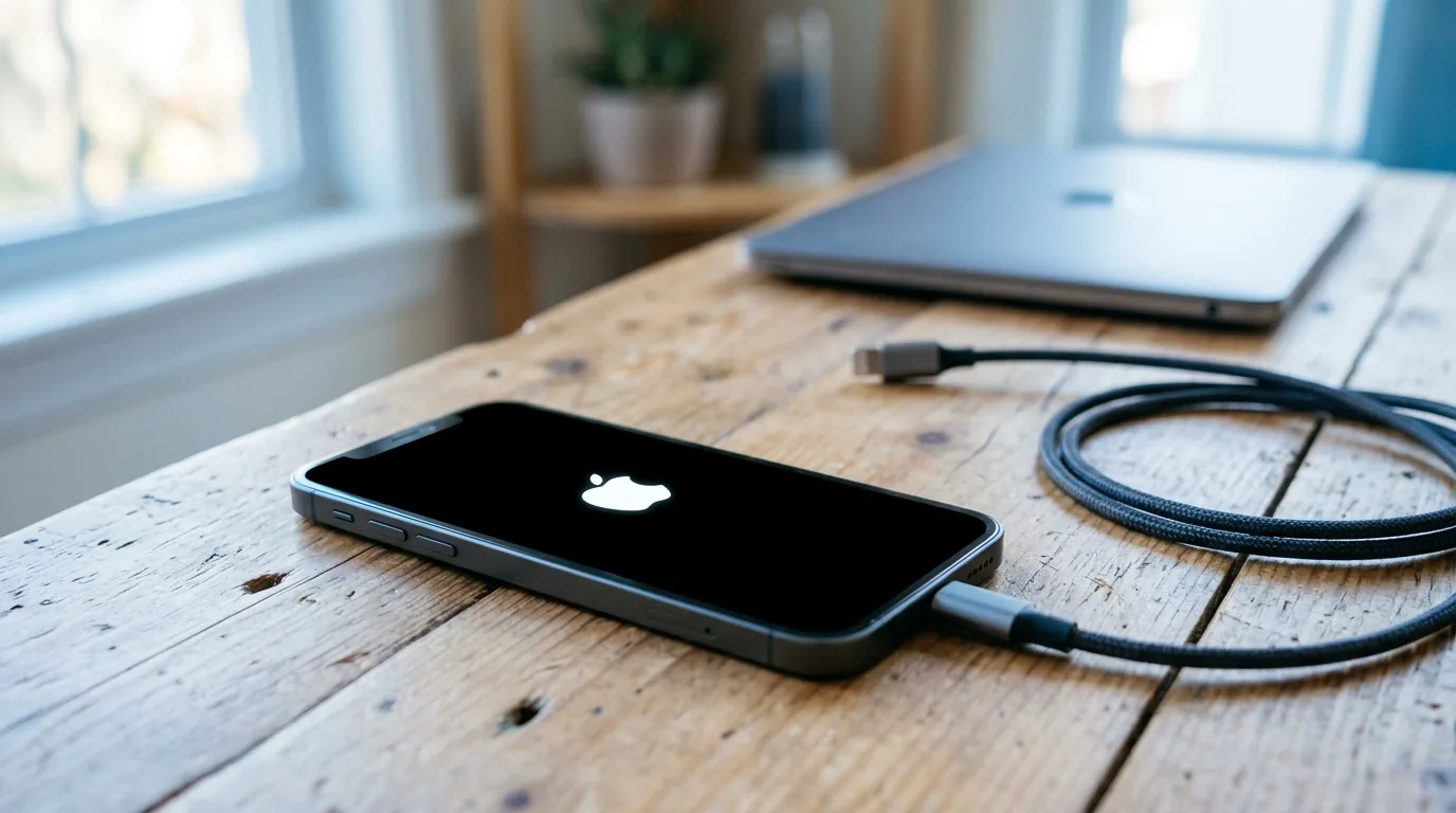 iPhone fermo sul logo durante l'avvio appoggiato su una scrivania