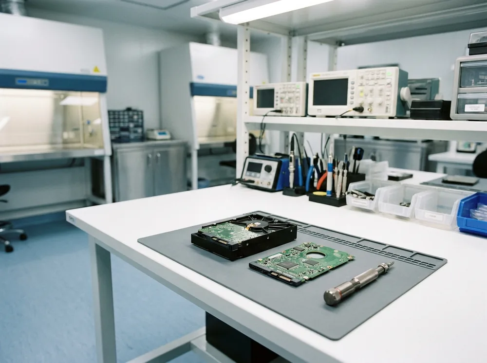 Hard disk collegato al sistema professionale per la riparazione del firmware e il recupero dati