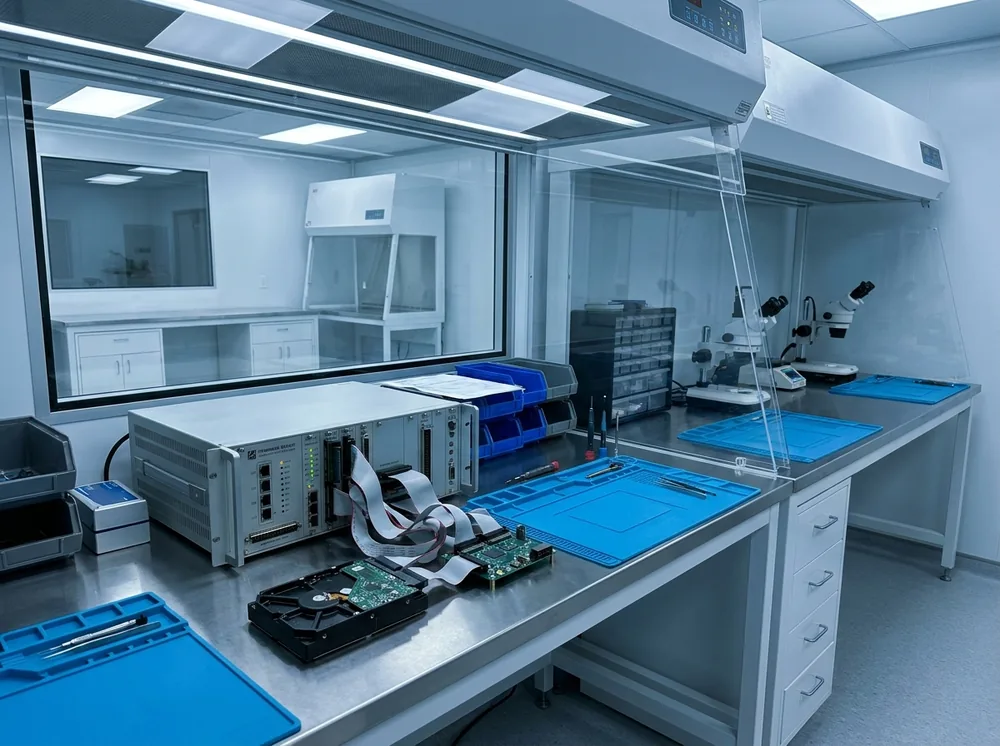 Hard disk collegato al sistema professionale per la riparazione del firmware e il recupero dati