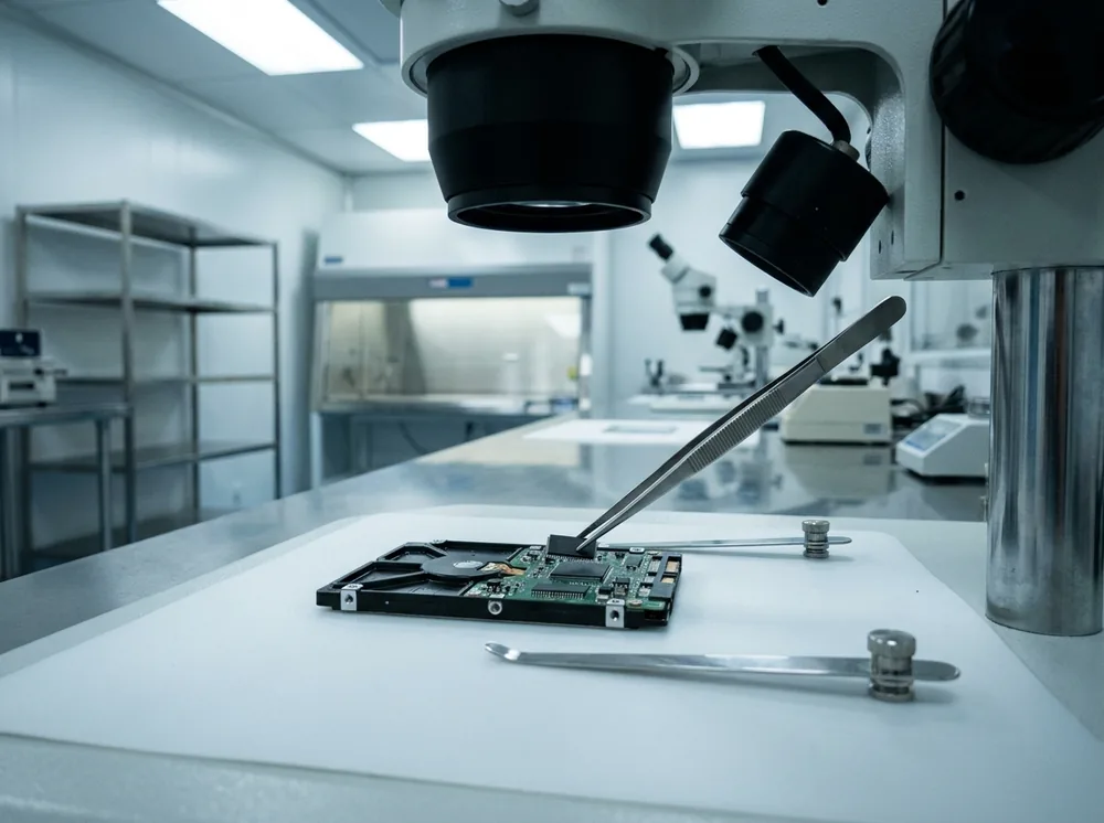 Hard disk collegato al sistema professionale per la riparazione del firmware e il recupero dati