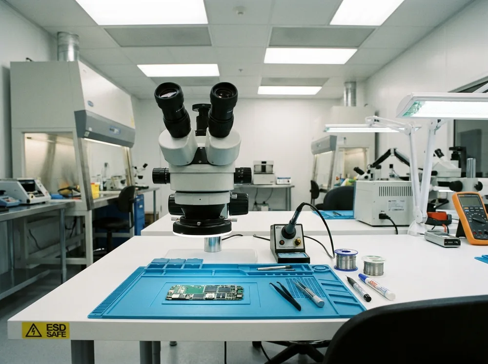 Scheda logica di iPhone sotto il microscopio per il recupero dati con micro-saldatura
