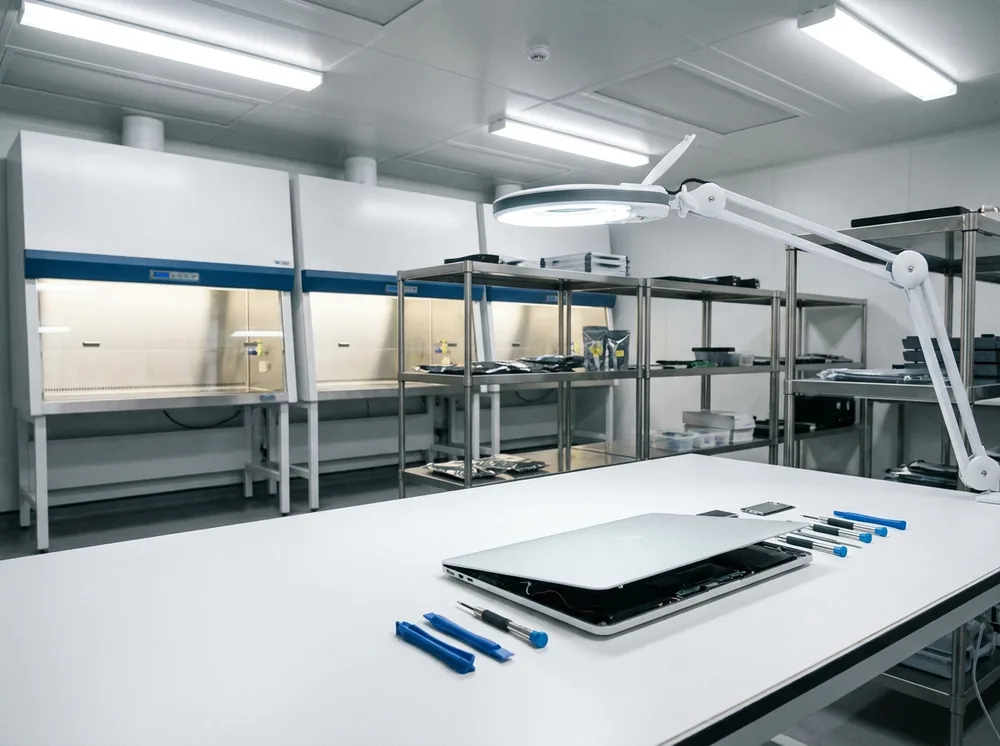 MacBook aperto in laboratorio per il recupero dati dalla scheda logica