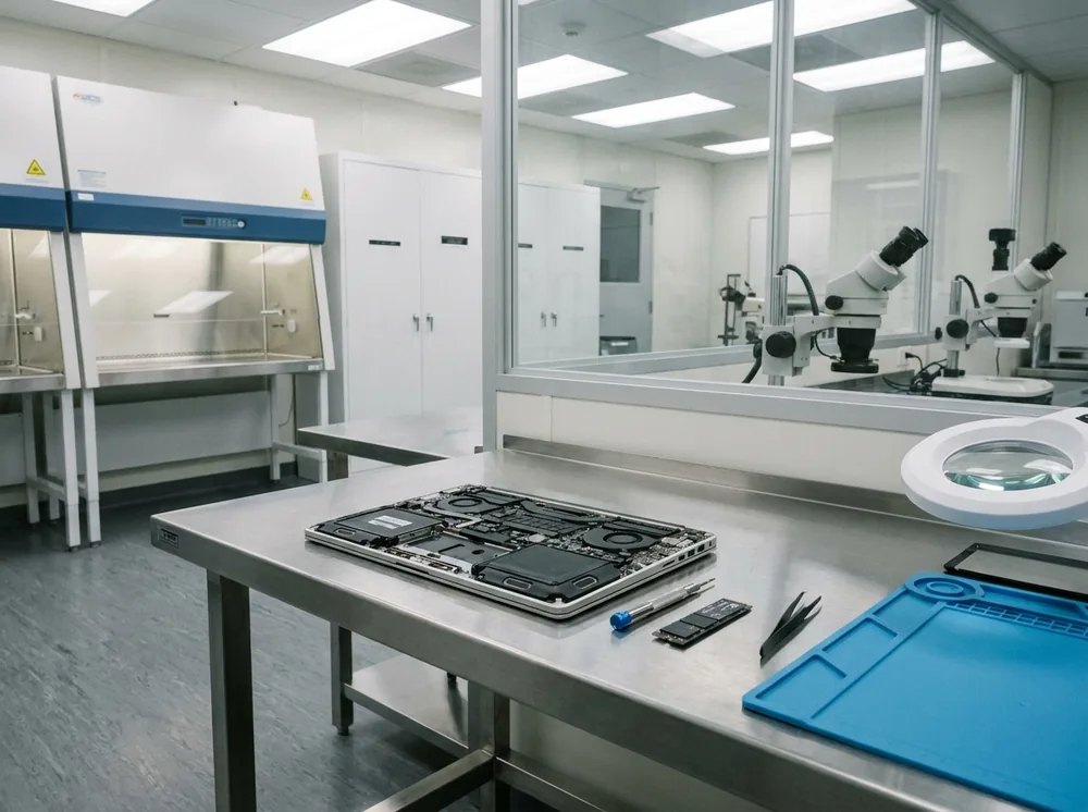 MacBook aperto in laboratorio per il recupero dati dalla scheda logica