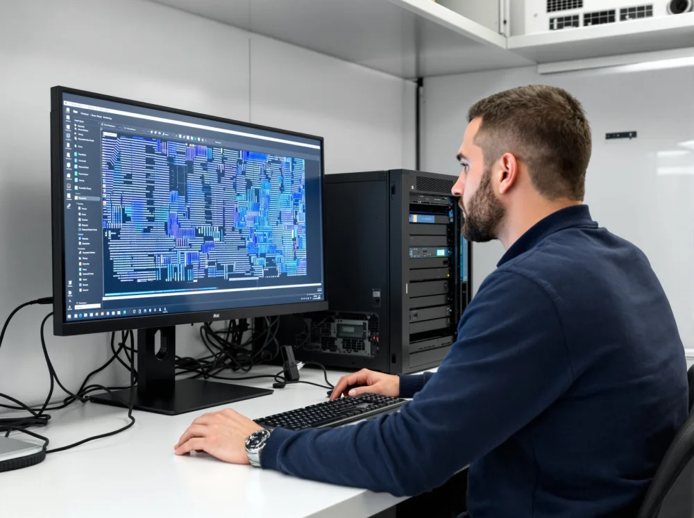 Tecnico al lavoro sul recupero dati di macchine virtuali VMware da un server di virtualizzazione