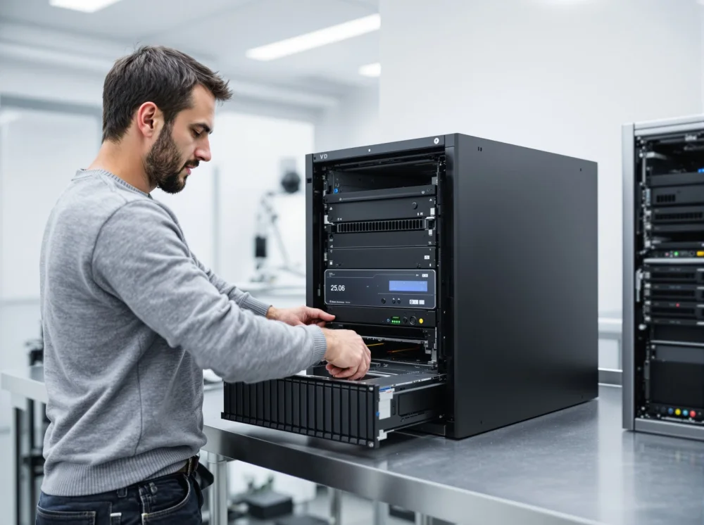 Tecnico al lavoro sul recupero dati di macchine virtuali VMware da un server di virtualizzazione