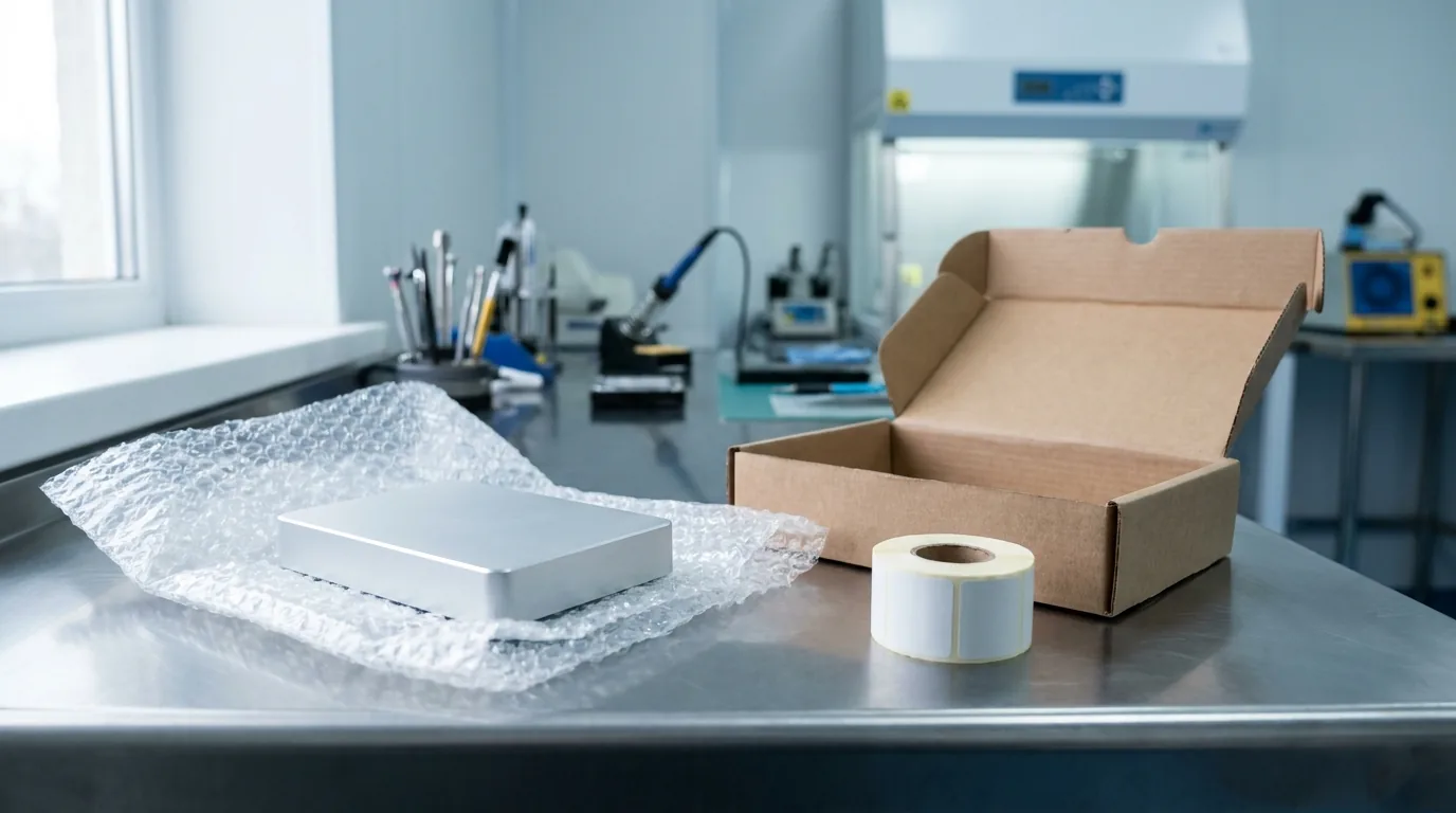Imballaggio di un hard disk con pluriball e scatola rigida prima dell'invio al laboratorio di recupero dati