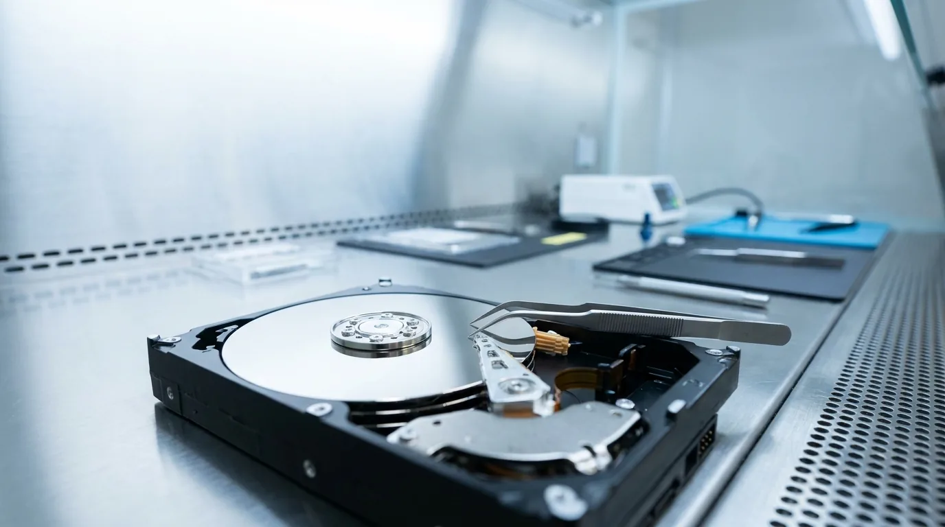 Hard disk aperto sotto cappa a flusso laminare nella camera bianca ISO 5 del laboratorio di Roma