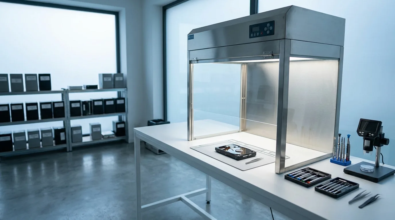 Tecnico del laboratorio di recupero dati di Roma al lavoro su un hard disk sotto cappa a flusso laminare