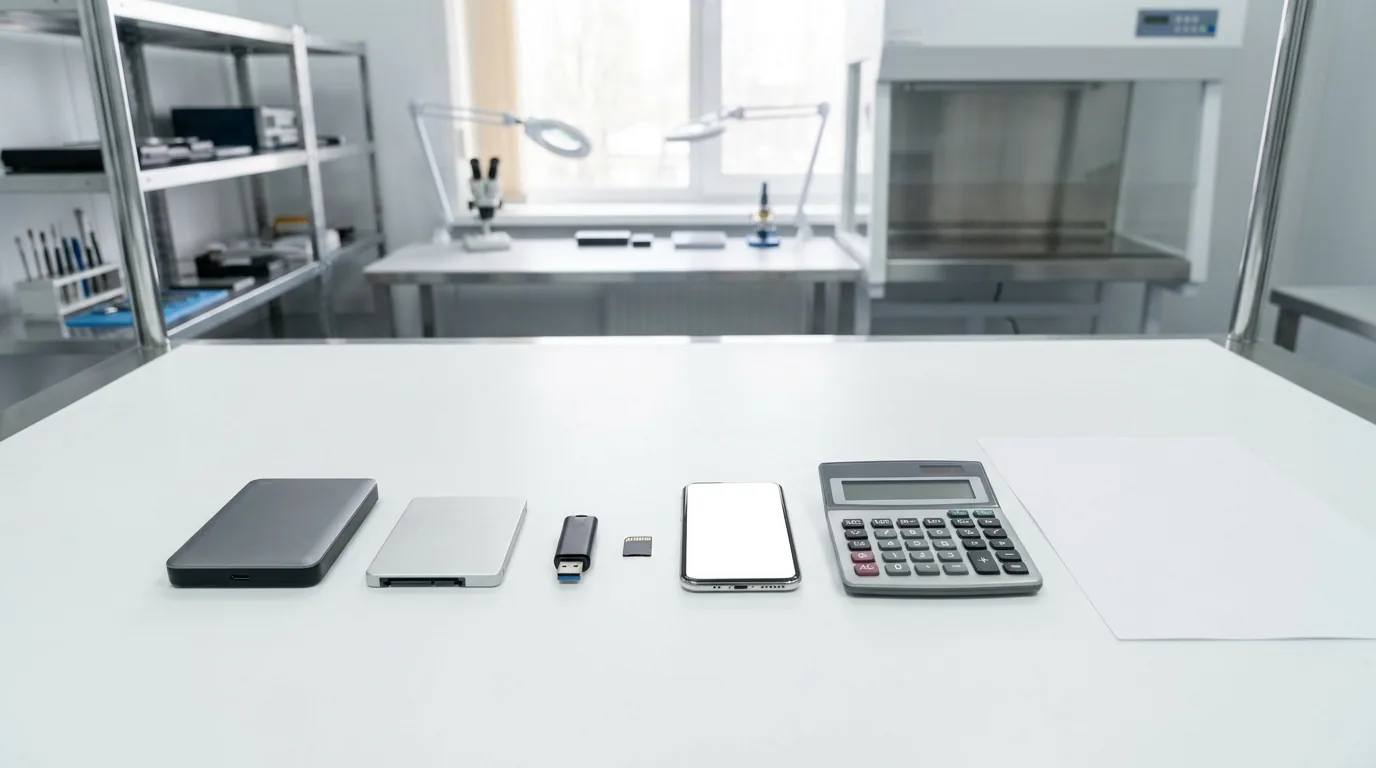Dispositivi di memoria sul tavolo del laboratorio: hard disk, SSD, pen drive, memory card e iPhone per il preventivo di recupero dati