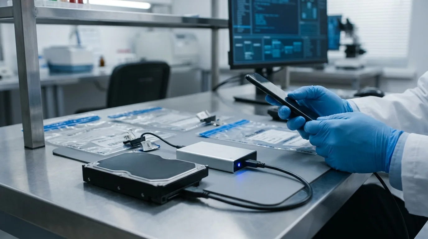 Postazione di informatica forense con write blocker e reperti sigillati per la copia forense