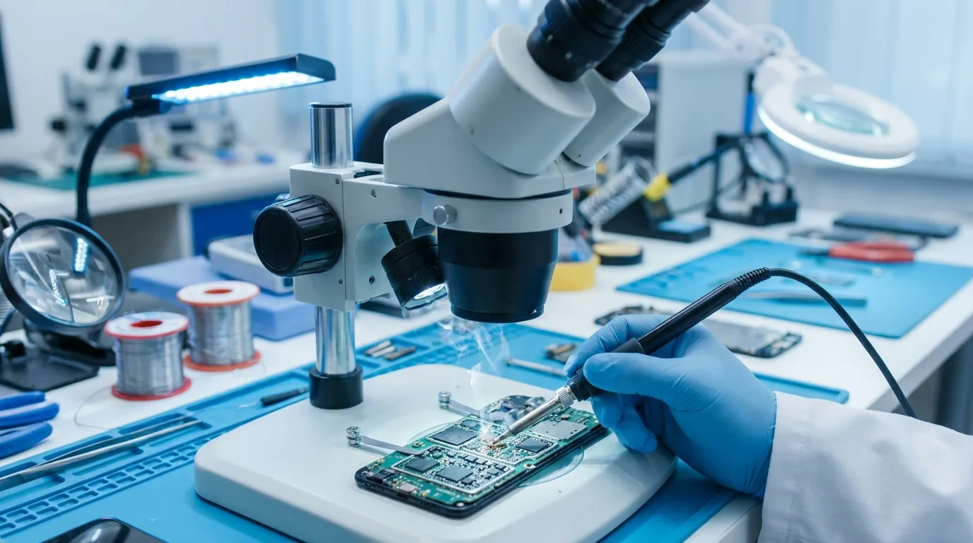 Scheda logica di iPhone sotto il microscopio per il recupero dati con micro-saldatura