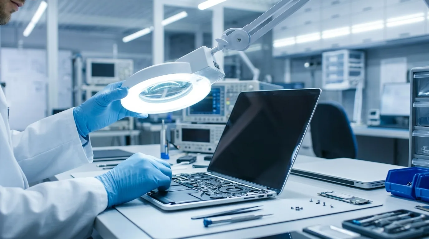 MacBook aperto in laboratorio per il recupero dati dalla scheda logica