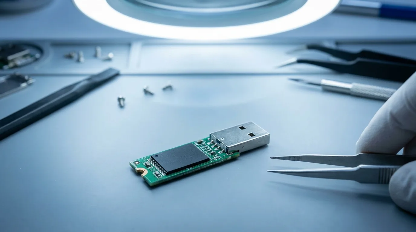 Chiavetta USB aperta sul banco di laboratorio per il recupero dati