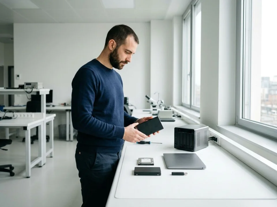 Tecnico del laboratorio con hard disk, SSD, NAS e pen drive