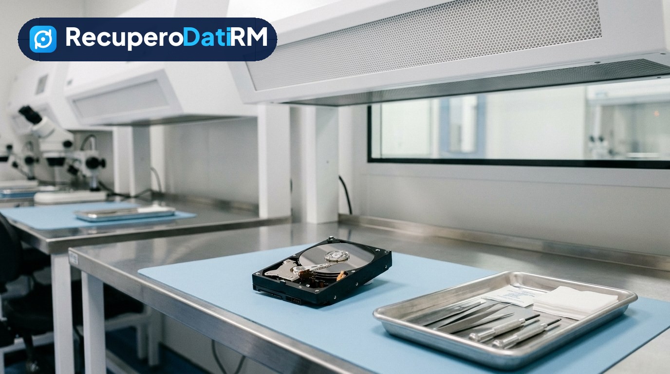 Hard disk aperto su un banco antistatico in una camera bianca ISO 5 con strumenti di precisione ordinati